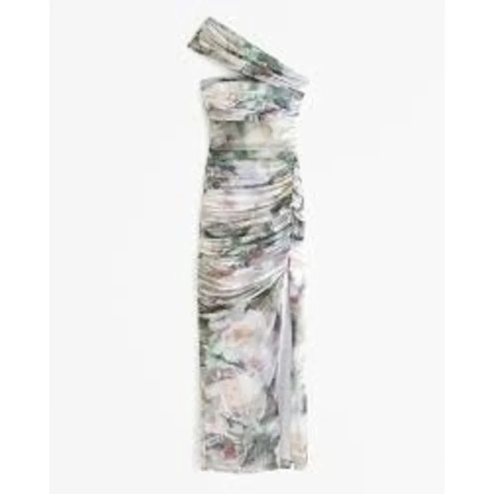 Abercrombie & Fitch Dress Womens M Green Floral One-Shoulder Mesh Ruched Maxi